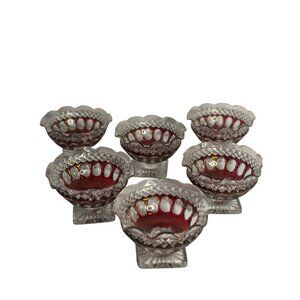 VTG Westmoreland Ruby Red Glass Compote Dishes Thumbprint Crimped Edge, Set of 6